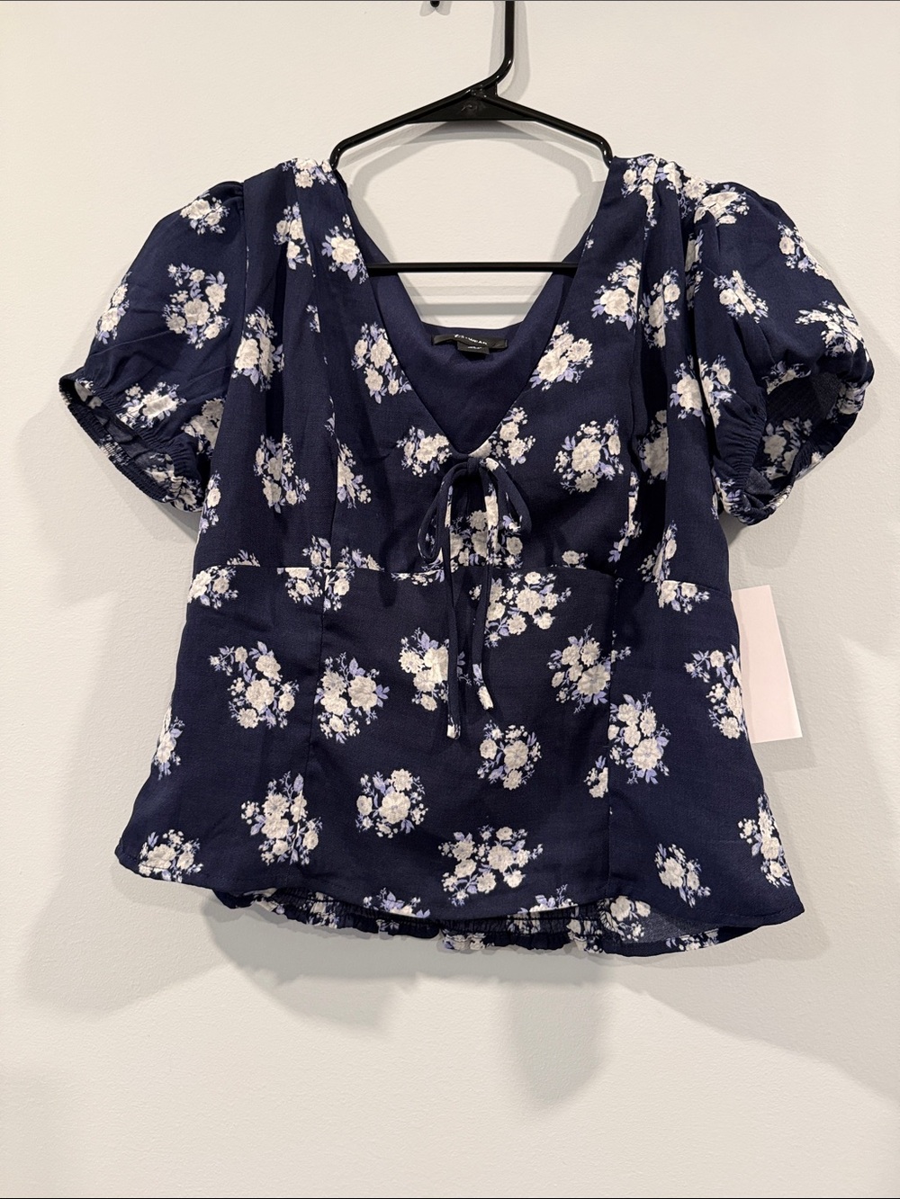 Bwear Navy Floral Tie-Front Puff Sleeve Blouse